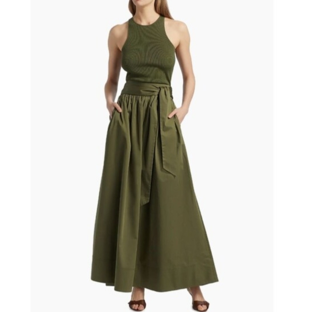 Toccin Sabine Tie Front Midi Skirt Stretch Cotton Pockets Olive S NWT - Picture 2 of 16